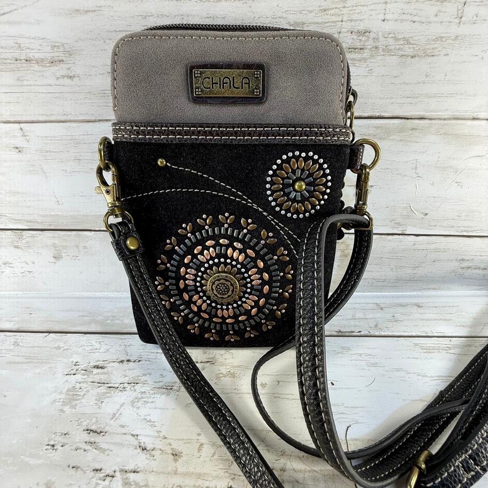 Chala Cell Phone Crossbody Bag Black Vegan Leather Mandala Studded Messenger